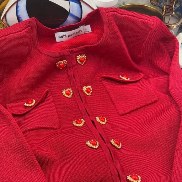 🆕 SELF-PORTRAIT 🧿 NWOT Red Knit Heart Buttoned Cardigan + Midi Skirt Set Sz M - Picture 10 of 15